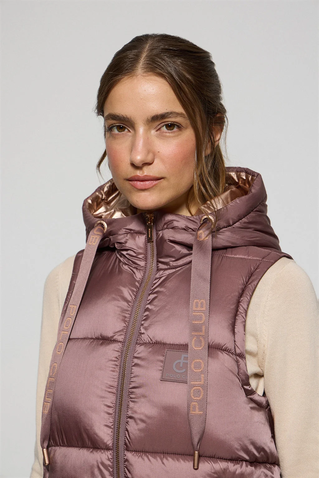 Taupe-pink puffer vest Ice with fixed hood and Polo Club details - Image 2