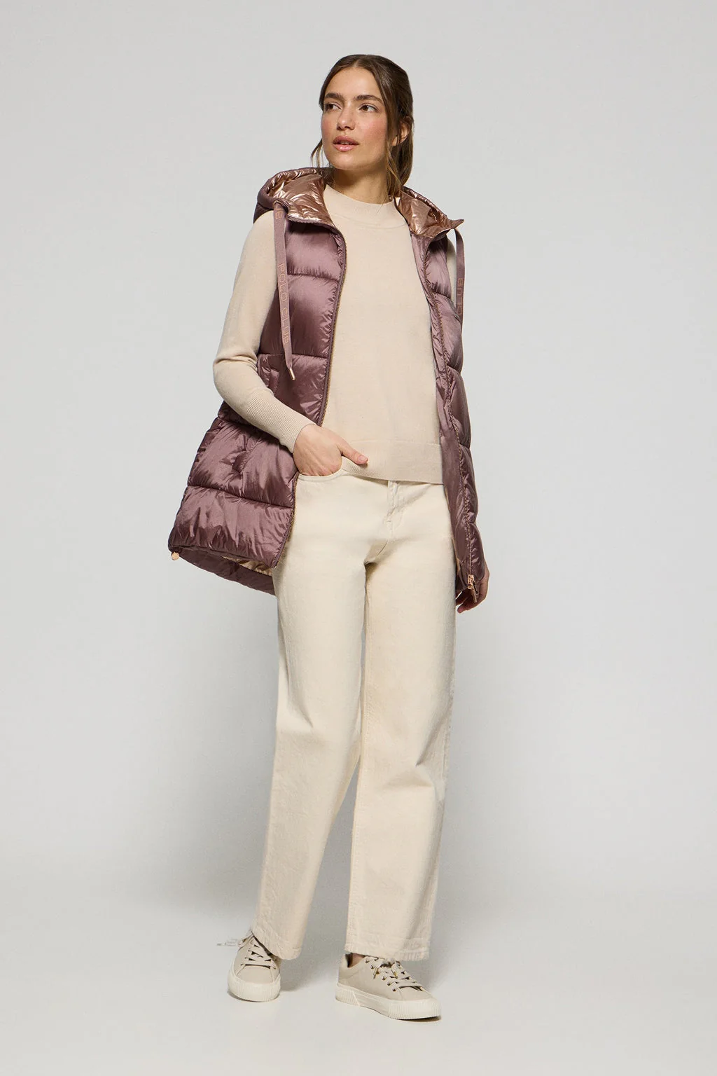 Taupe-pink puffer vest Ice with fixed hood and Polo Club details - Image 3