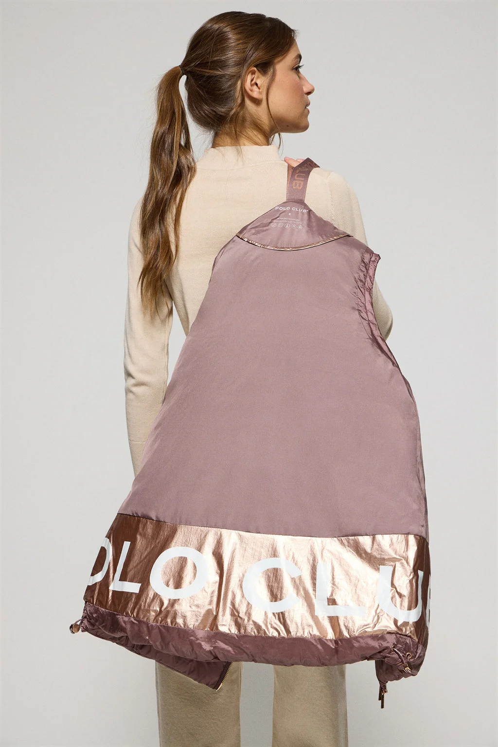 Taupe-pink puffer vest Ice with fixed hood and Polo Club details - Image 4