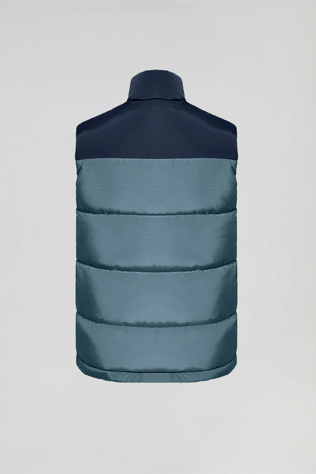 Denim-blue puffer vest with high collar and logo patch - Image 10