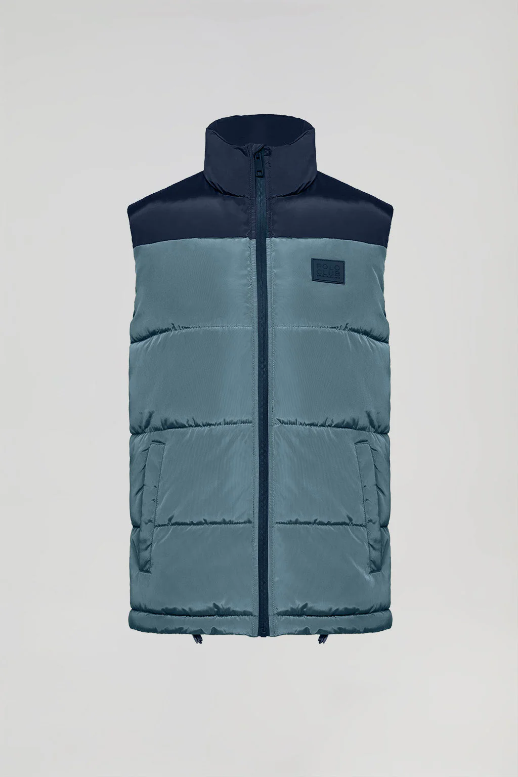 Denim-blue puffer vest with high collar and logo patch - Image 11
