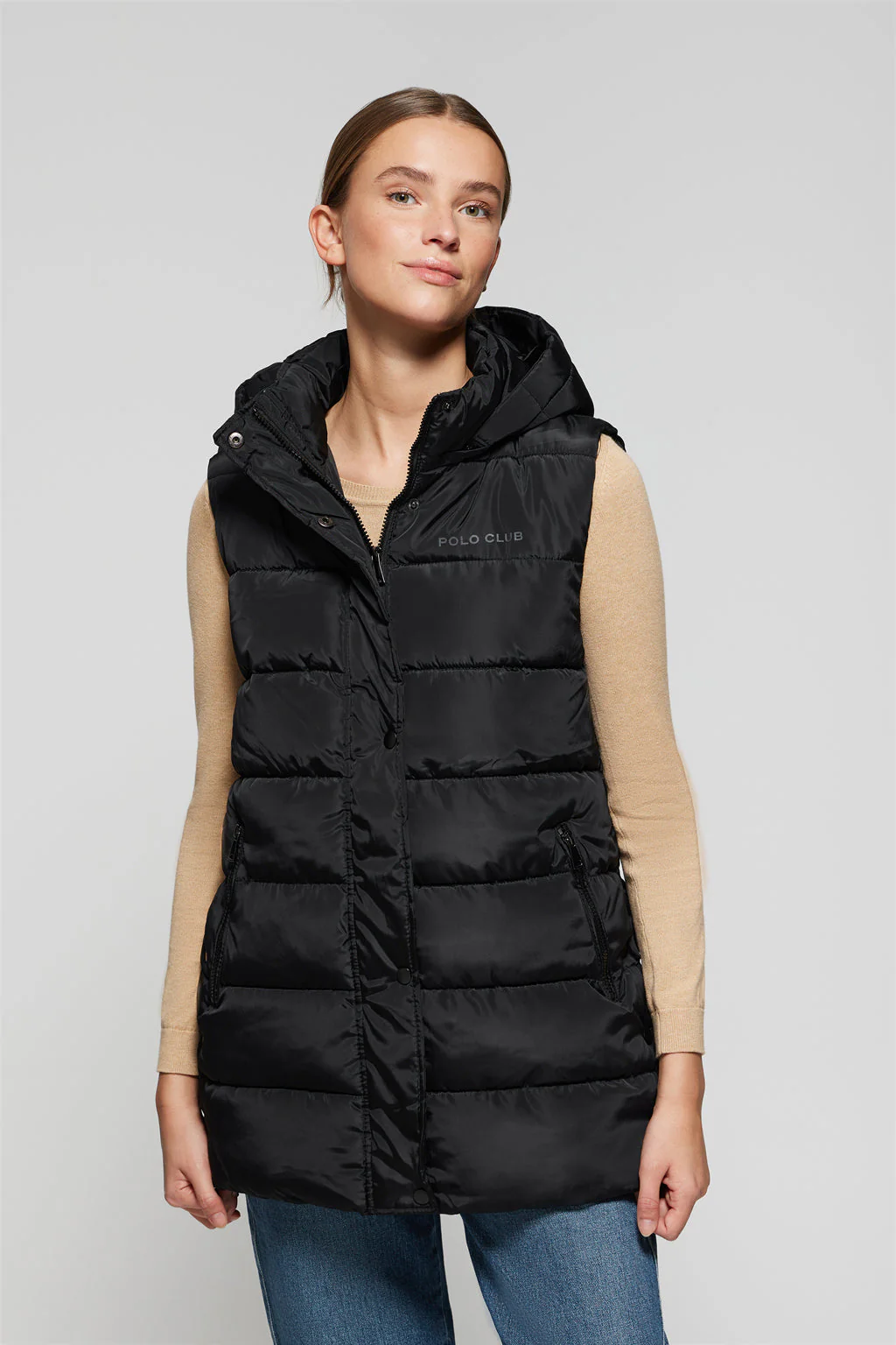 Black puffer vest with hood and Polo Club print - Image 3