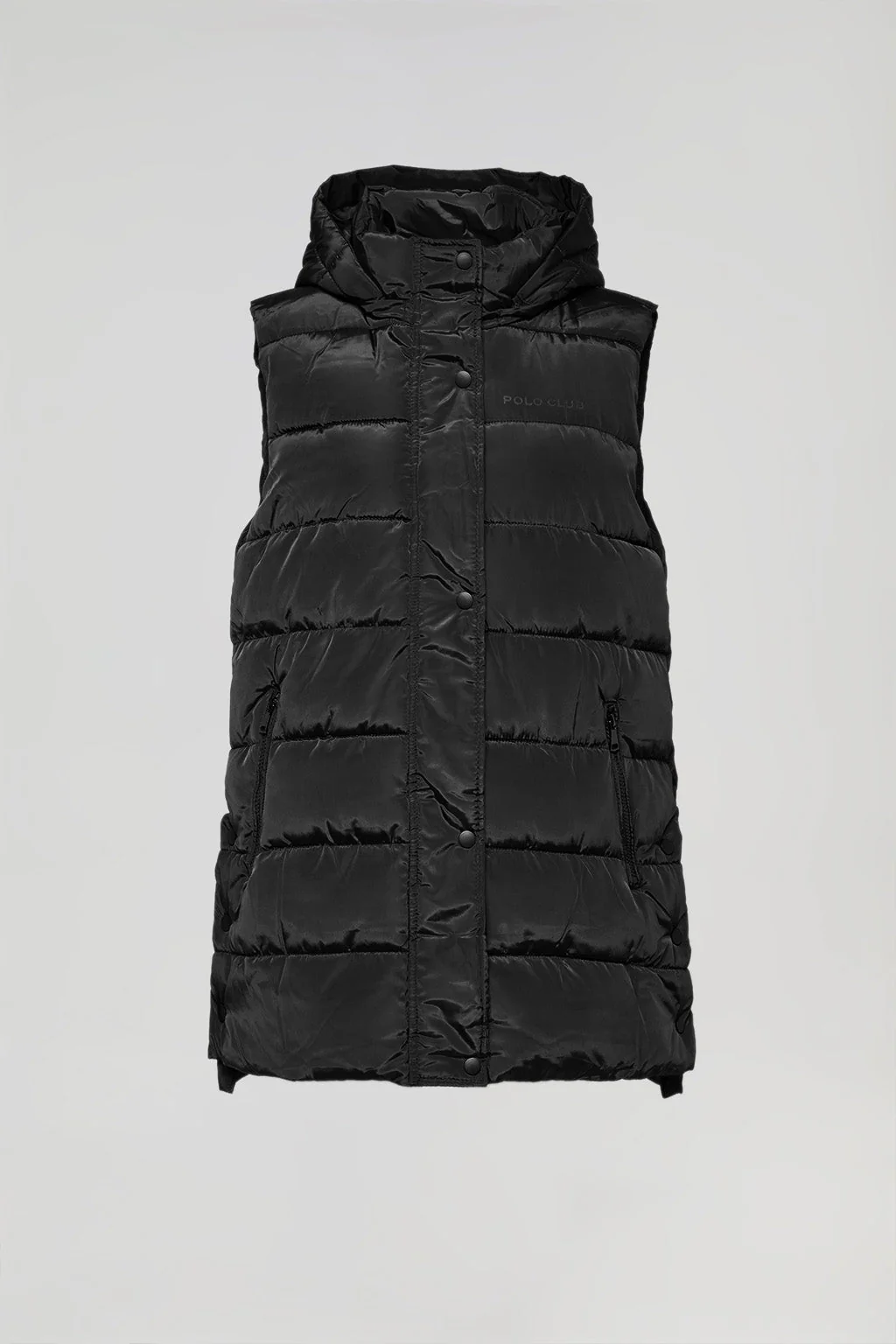 Black puffer vest with hood and Polo Club print - Image 7