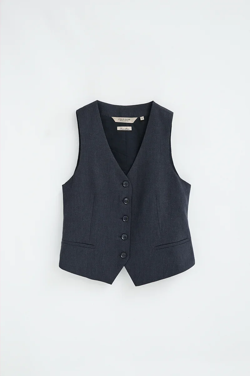 Navy-blue straight-fit linen vest Verona with Polo Club logo