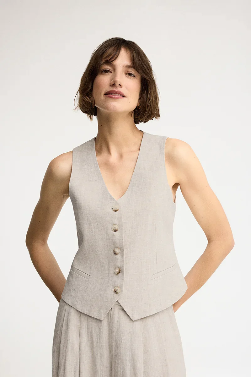 Nude straight-fit linen vest Verona with Polo Club logo - Image 2