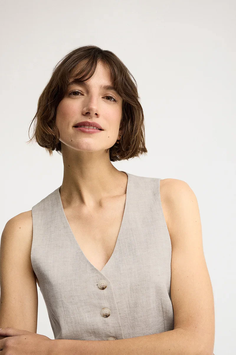 Nude straight-fit linen vest Verona with Polo Club logo - Image 3